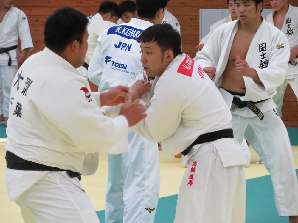 柔道男子日本代表合宿で、重量級の選手相手に乱取りを行う６０キロ級の高藤直寿（右）