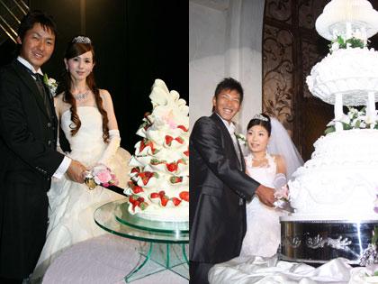 笑顔でケーキカットをする新郎の金刃憲人と新婦・愛さん（左）、栂野雅史と未奈さん