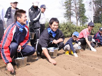 地元埼玉への貢献活動として、子どもたちと一緒にじゃがいもの種植えをする西武・小野寺（左）と中島