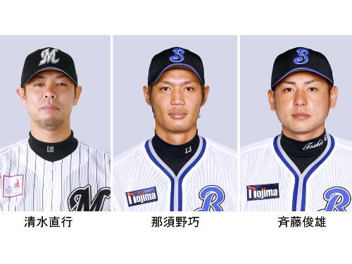 左から清水直行投手、那須野巧投手、斉藤俊雄捕手