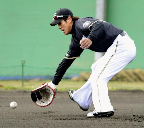 一塁でノックを受ける日本ハム・稲葉