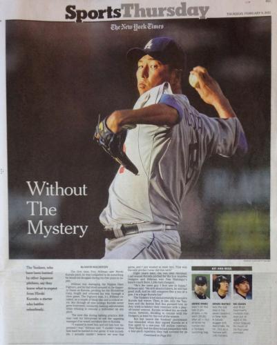 ９日付の米紙ニューヨーク・タイムズで紹介された、ヤンキース・黒田