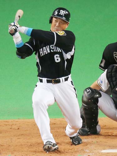 ＜日・神＞５回２死一、三塁、阪神・金本は右翼線２点二塁打を放ち、１５００打点を達成する