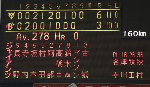 ９回ＤｅＮＡ１死、打者石川のとき、巨人・マシソンの球速「１６０キロ」を表示した電光掲示板