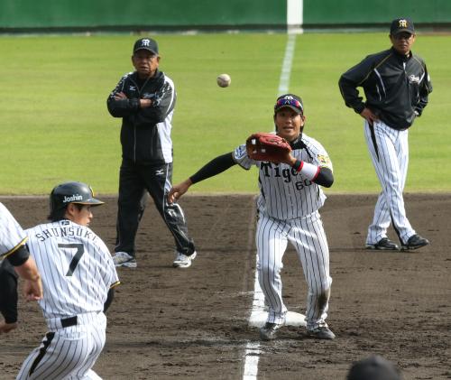 和田監督（右）、吉田氏（左）が見つめる中、挟殺プレーの練習をする阪神・中谷