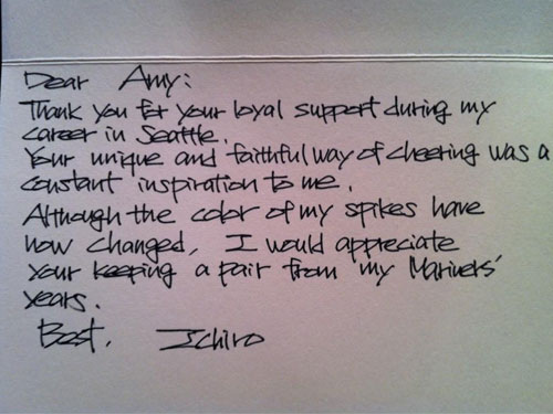 イチローが「イチメーター」のエイミー・フランツさんに贈った直筆の手紙（エイミー・フランツさん提供）