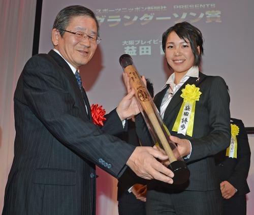 グランダーソン賞を受賞し、本社・藤原常務からグランダーソンのバットを贈呈される大阪・益田