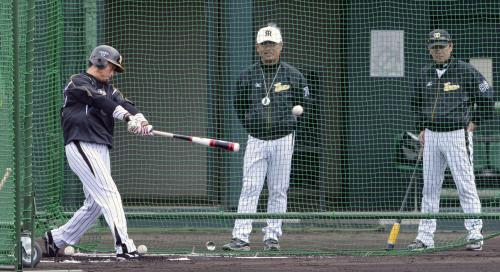 和田監督（右）らが見守る中、打撃練習する阪神・桧山