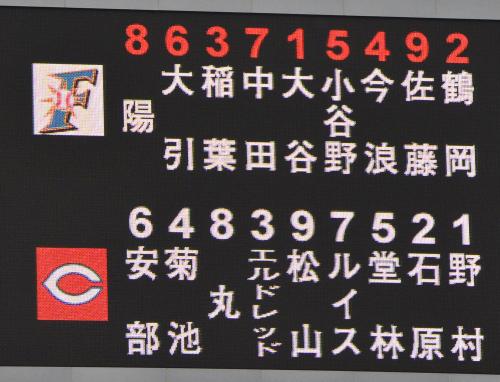 広島戦で日本ハム・大谷が「５番・投手」として先発することを示す電光掲示板