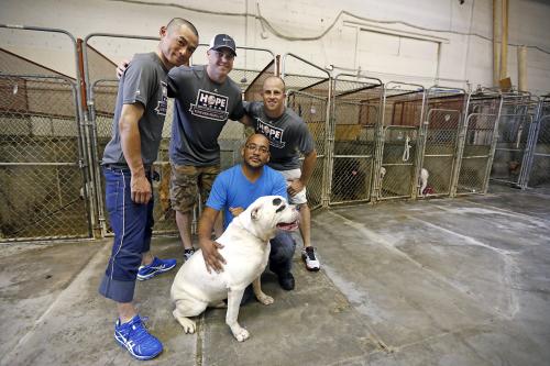 飼い主のいない犬や猫の新たな受け入れ先を探す施設「ニュービギニング・アニマル・レスキュー」を訪れたヤンキースのイチロー（左）。後列中はチームメートのケリー、右はガードナー（ヤンキース提供）
