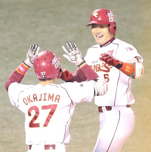 ＜楽・巨＞４回１死、牧田（右）は本塁打を打ち次打者の岡島とハイタッチ