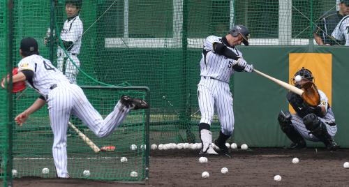 打撃投手の鶴（左）から左方向にサク越えを放つ伊藤隼