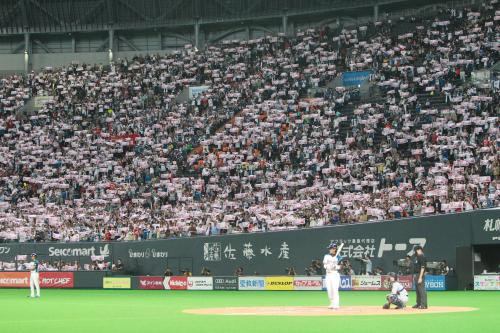 ＜日・西＞７回、稲葉の打席でタオルを手に応援するファン