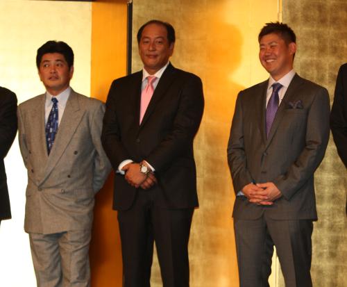 １０年、東尾修氏の野球殿堂入りを祝う会で（左から）工藤、渡辺、松坂