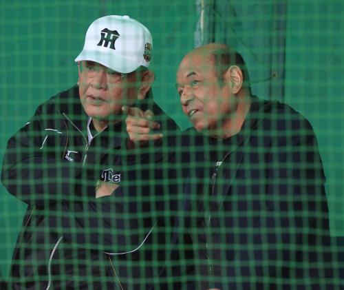 阪神キャンプを訪れた衣笠祥雄氏（右）は江夏臨時コーチとブルペンで話す