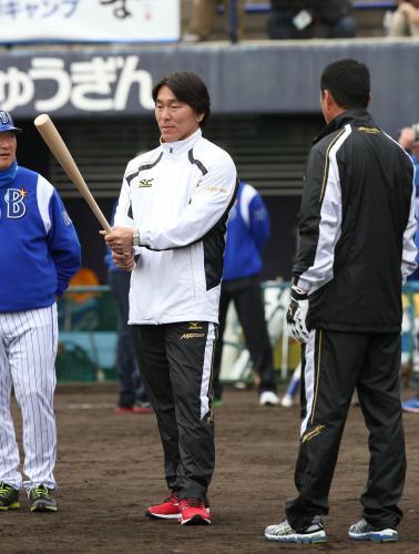 バットを手にする松井氏（左）。右は中畑監督