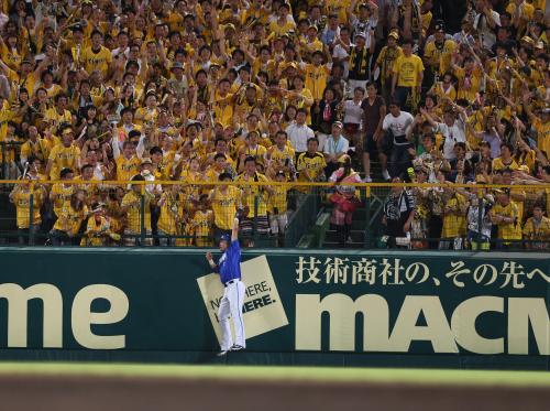 ＜神・Ｄ＞７回２死一塁、江越の打球は黄色に染まった阪神ファンで埋め尽くされたレフトスタンドに吸い込まれる