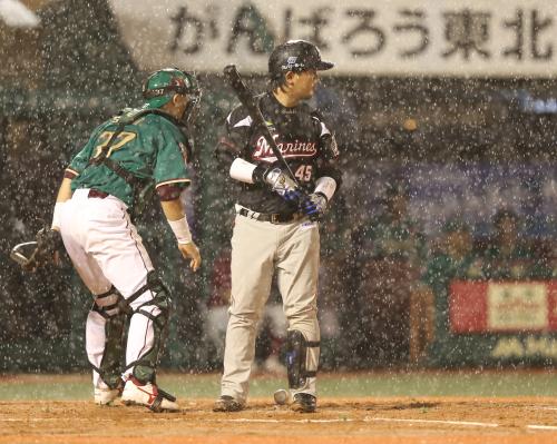 ＜楽・ロ＞５回、２死一、二塁の場面で田村が四球を選んだところで豪雨により中断