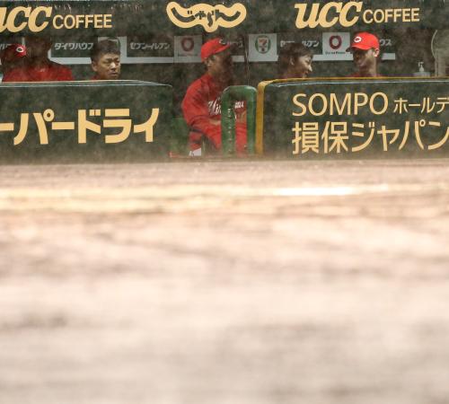 ＜神・広＞降雨のため試合が中断しベンチに待機するジョンソン（右）ら広島ナイン