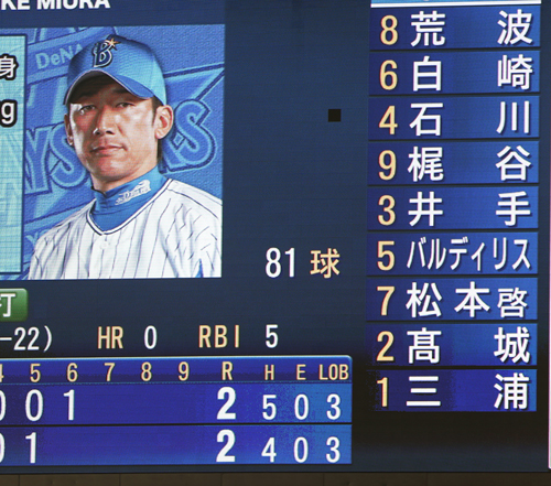 １５年の交流戦でソフトバンク柳田の打球が直撃し、液晶の一部が破損した横浜スタジアムのスコアボード