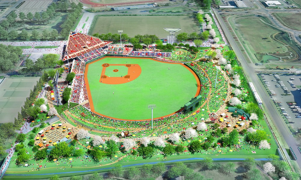 来年６月初旬に改修工事終了予定の弘前市運動公園野球場完成予想図（弘前市提供）