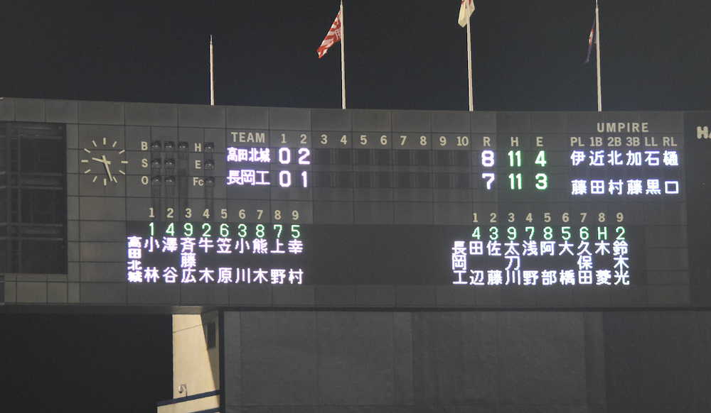 新潟大会第４試合の試合終了時のスコアボード。終了時間は午後９時２７分だった