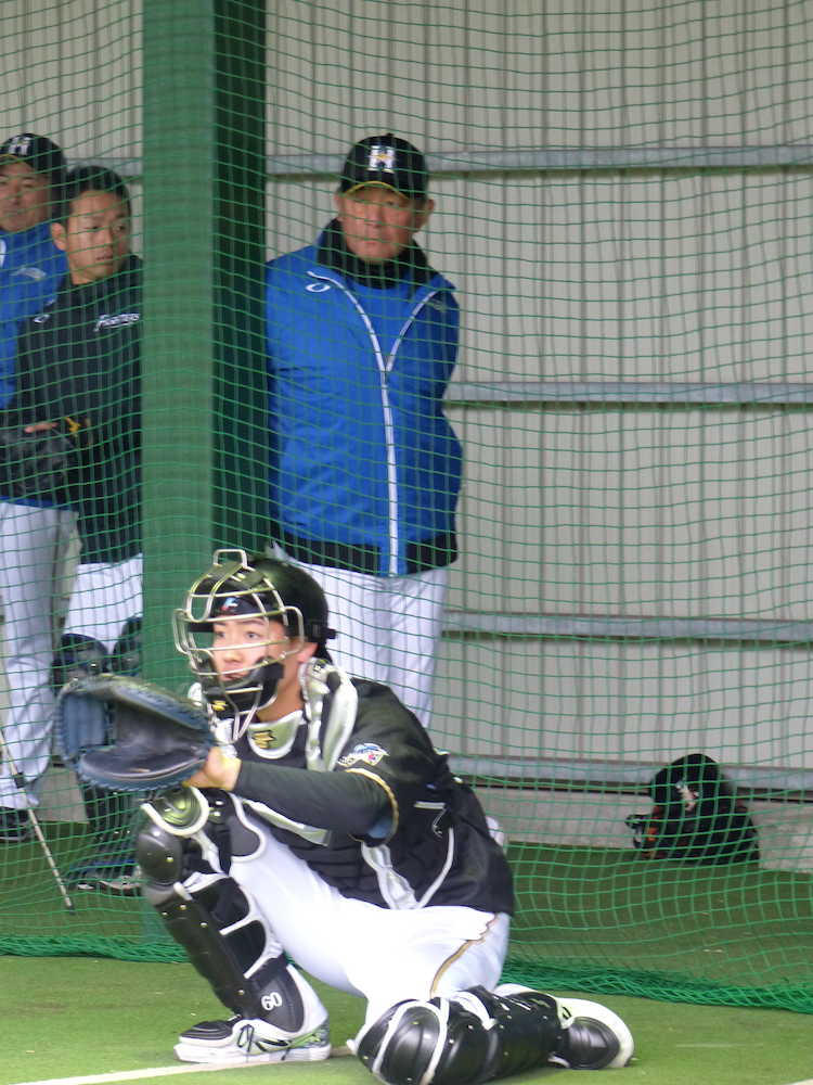 ブルペンで投球練習を見守る日本ハム・荒木２軍監督