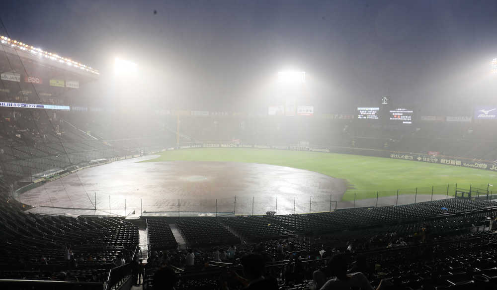 ＜神・ロ＞試合中止後に豪雨となりグラウンドは水浸しに（撮影・岩崎　哲也）