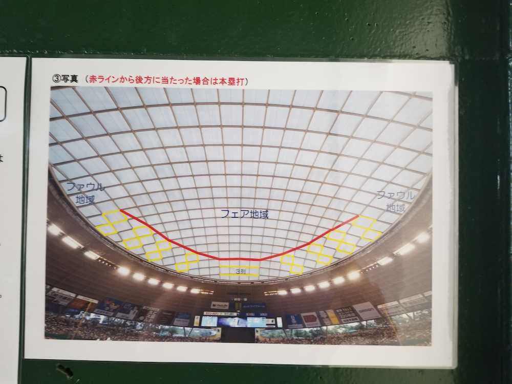 １７日から貼り出された、メットライフドームの球場特別ルールの写真