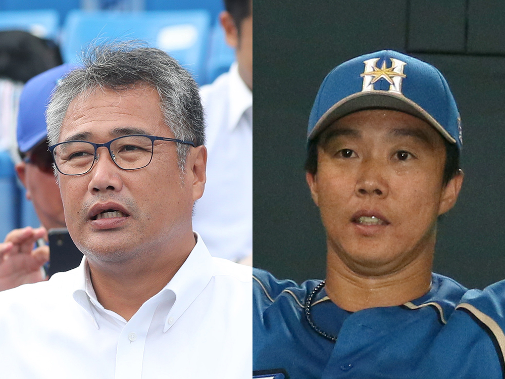 投手チーフコーチに就任する木田優夫ＧＭ補佐（左）、バッテリーコーチ兼捕手に就任する鶴岡慎也捕手