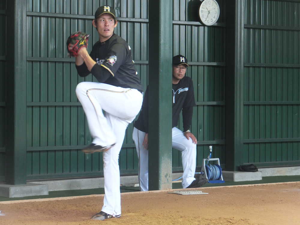 高梨（左）のブルペン投球を見守る日本ハム・木田投手チーフコーチ