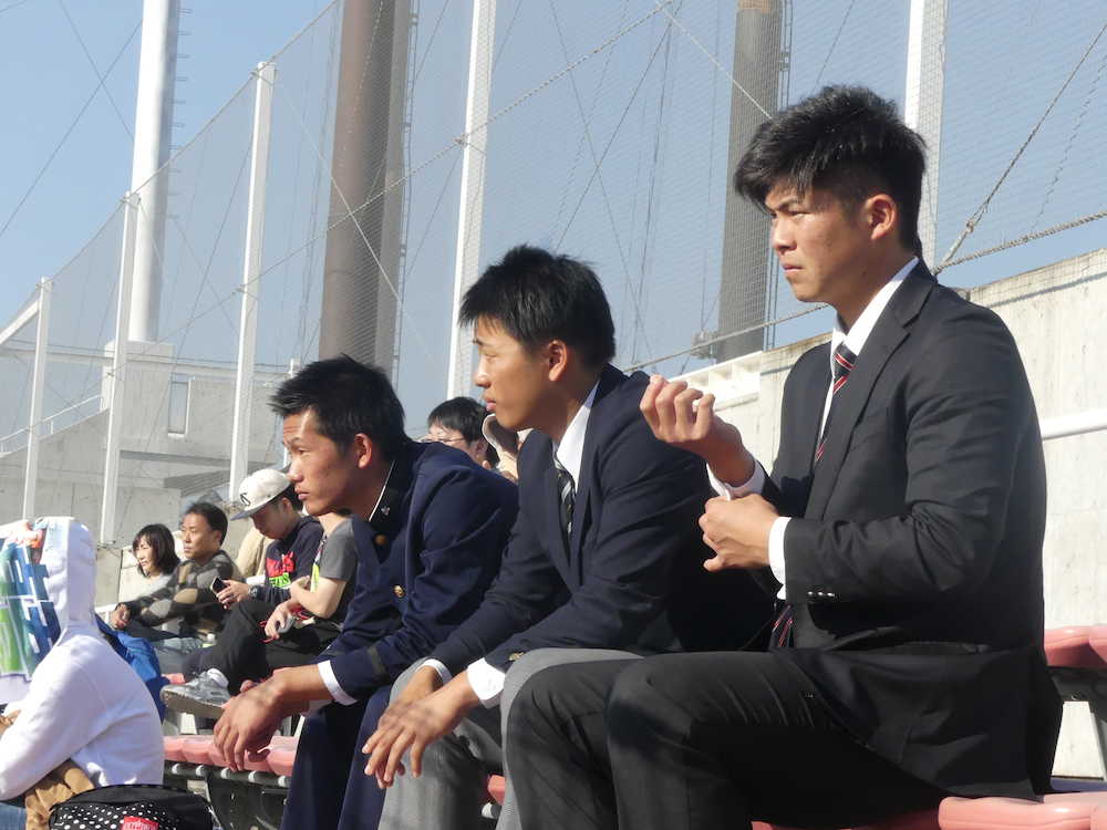 投手練習を見学する（右から）ドラフト１位の国学院大・清水、ドラフト６位の日本文理・鈴木、ドラフト３位の明徳義塾・市川