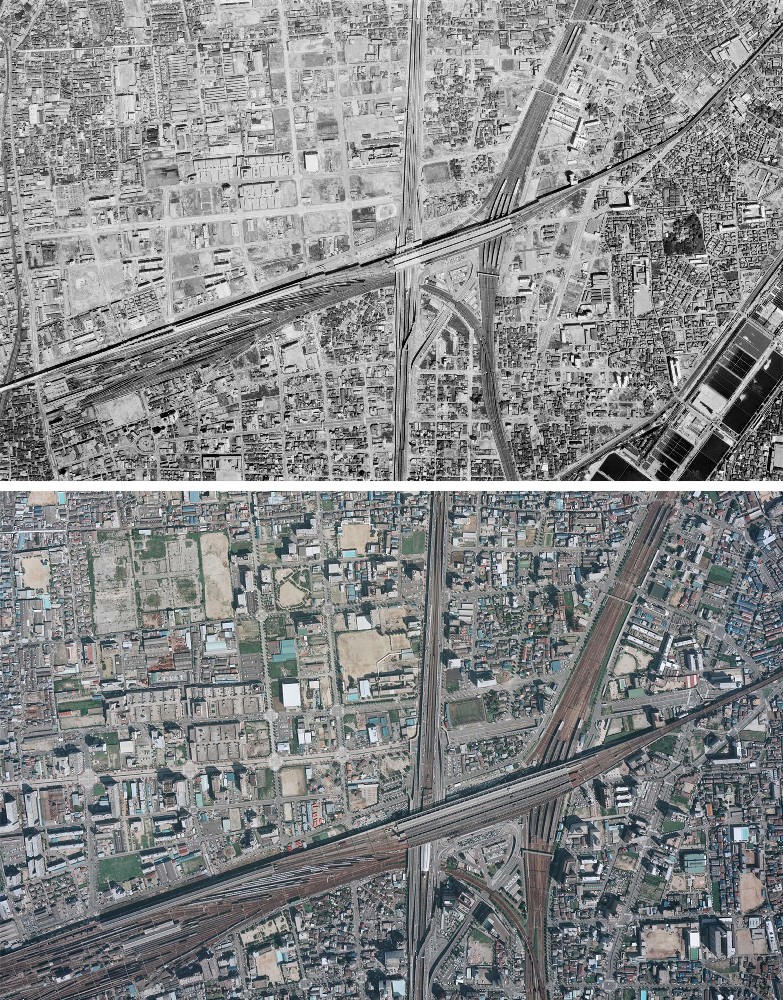 国土地理院・空中写真閲覧サービスで見た新大阪駅周辺。１９７１年５月９日＝写真上＝は空き地が目立ち、１９７９年９月１１日＝同下＝は建物が増えている