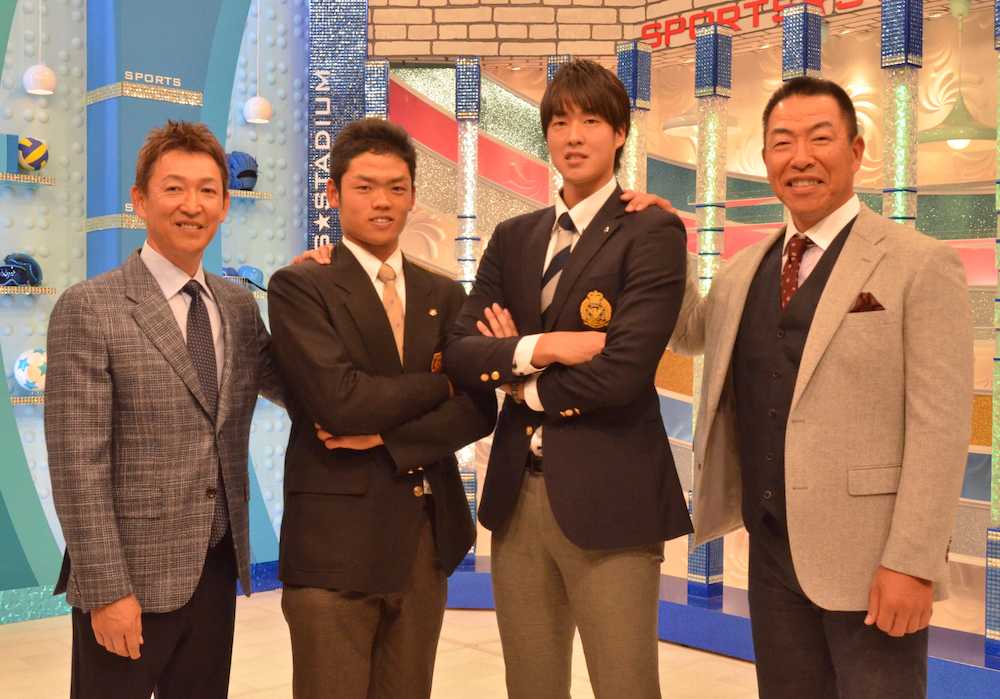 テレビ番組で根尾（左から２人目）と梅津（同３人目）は立浪氏（左）と井上氏と共演
