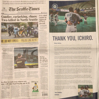 野球イチローさん、引退試合翌日のシアトル地元新聞記事スポーツ