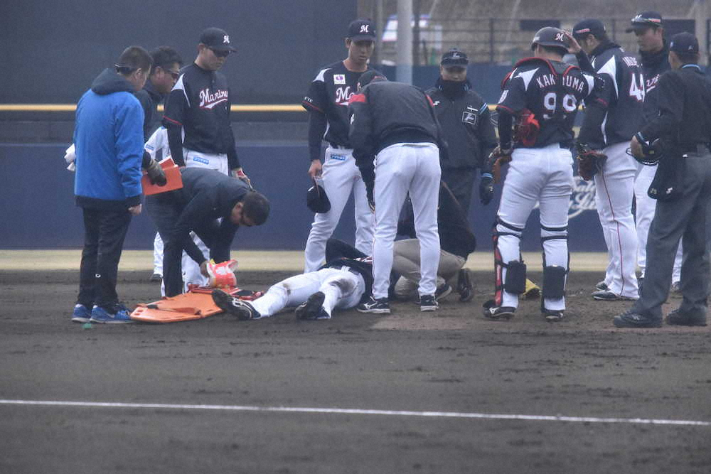 【画像・写真】ロッテ・高野、緊急搬送　２軍戦で頭部に打球直撃