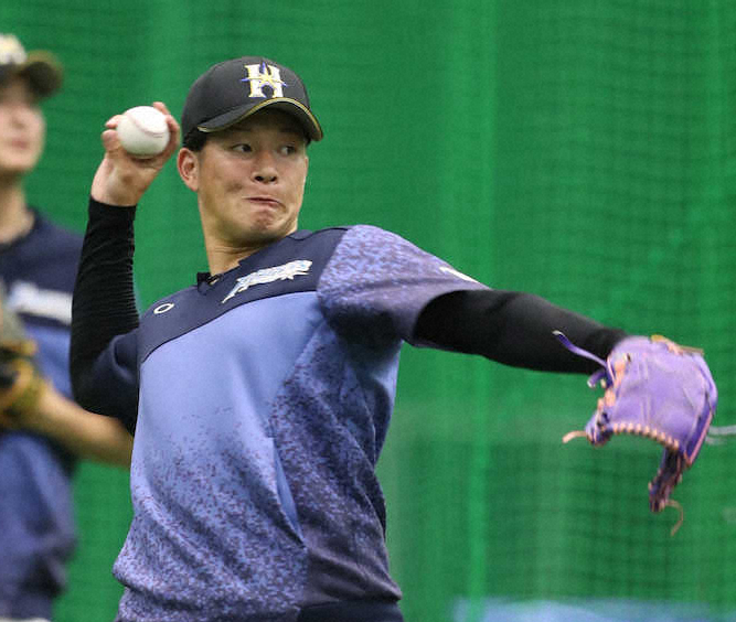 【画像・写真】紫色のグラブでキャッチボールする吉田輝（撮影・平嶋　理子）　　