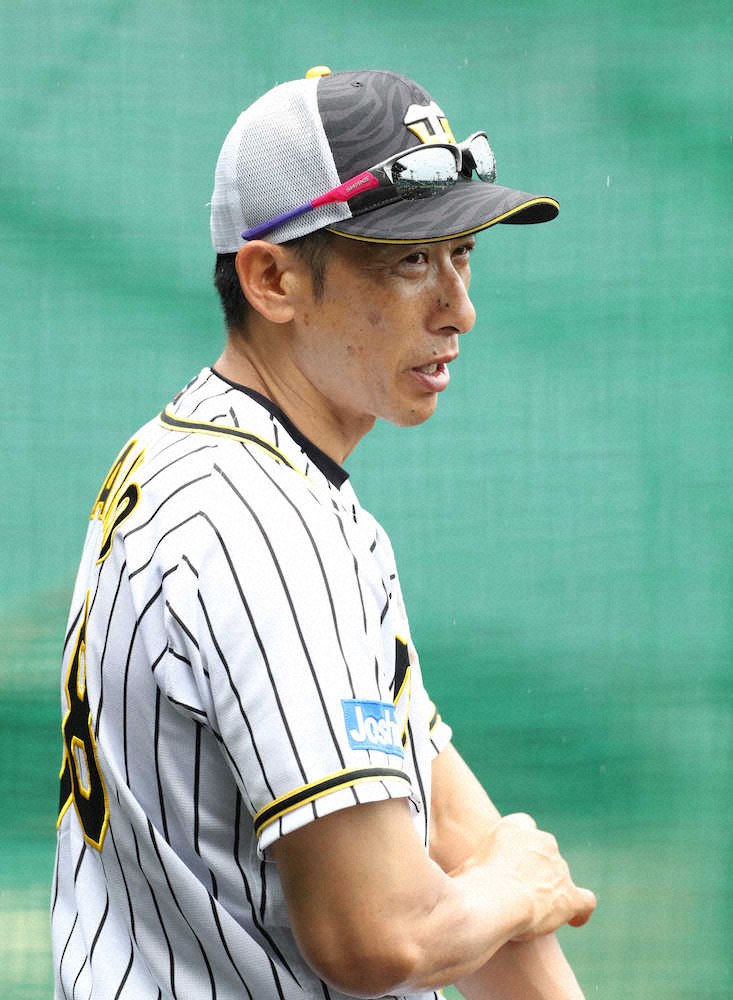 【画像・写真】笑顔で練習を見守る矢野監督（撮影・大森　寛明）　　