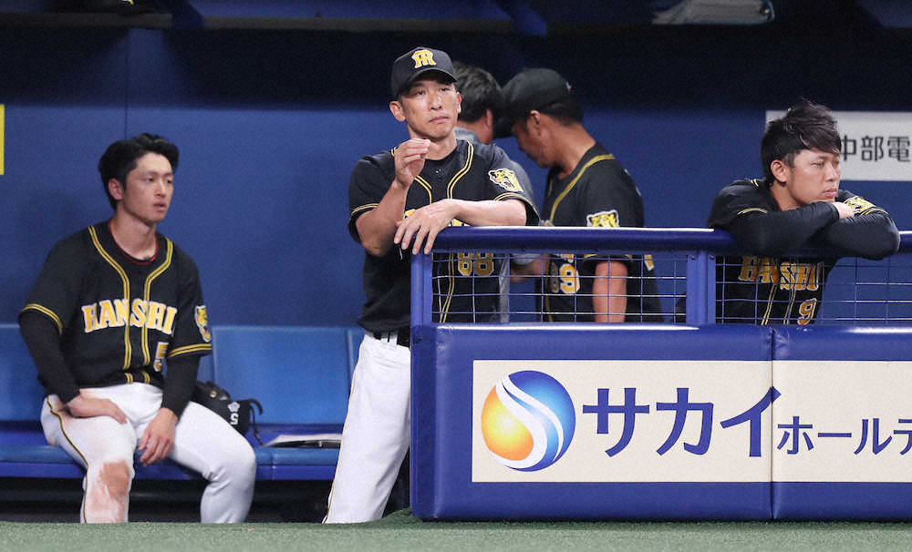 【画像・写真】9回2死、福留が中飛に倒れ試合終了となり、ガックリの矢野監督（中央）（撮影・椎名　航）