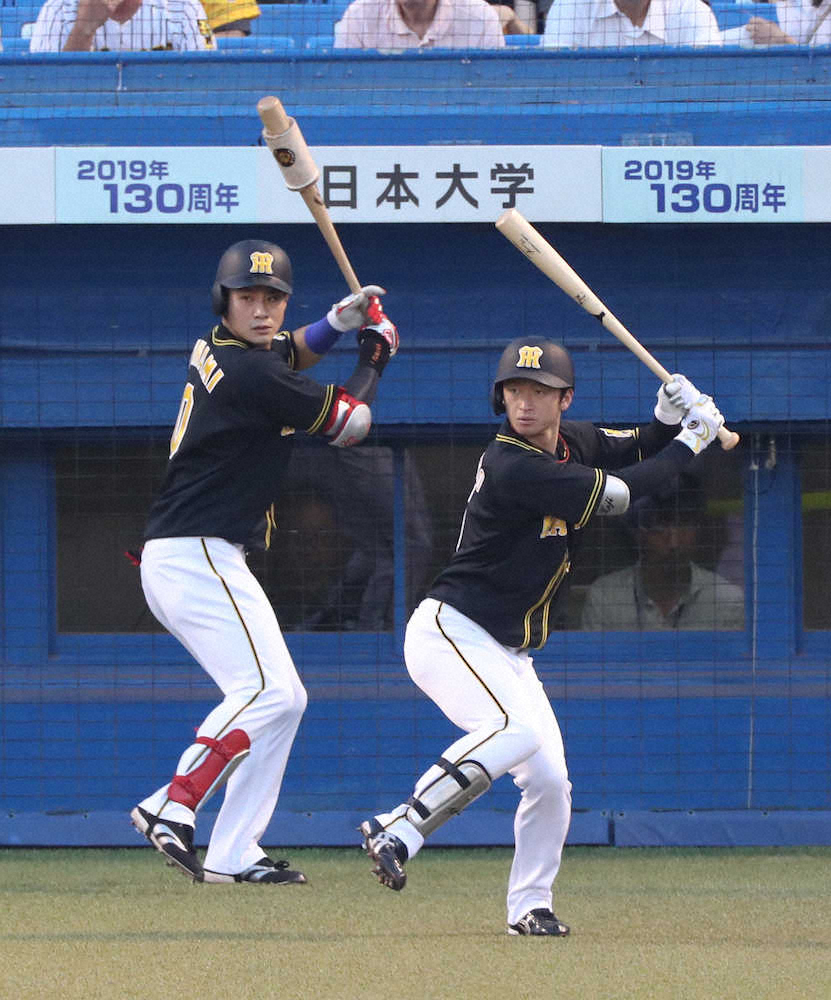 試合前、ブキャナンの投球練習をみてタイミングをとる木浪（左）と近本（撮影・坂田　高浩）