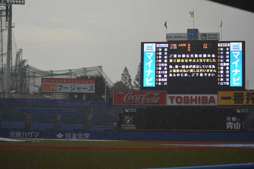 東都大学野球がノーゲームとなり、強い雨が降る神宮球場