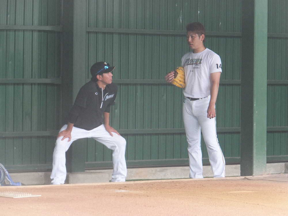 ブルペン投球を終えた日本ハム・加藤と話す武田投手コーチ（左）