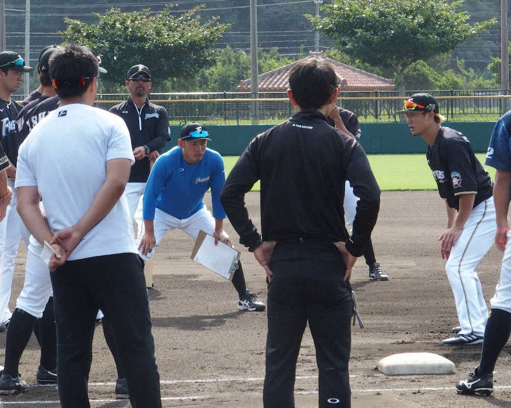 矢野外野守備コーチ兼打撃コーチ補佐（右から3人目）から依頼を受け、ナインに走塁技術を説明する日本ハム・西川（右）