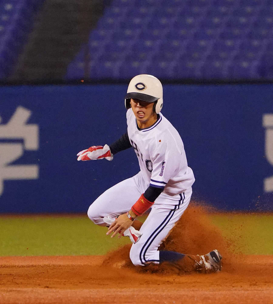 【画像・写真】中大・五十幡　東海大・海野から盗塁決めるも逆転負け