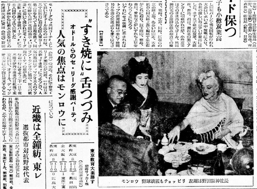 「いさ美」でのマリリン・モンローと阪神・野田誠三オーナーの写真を添えた1954年2月21日付スポニチ（大阪本社発行版）記事