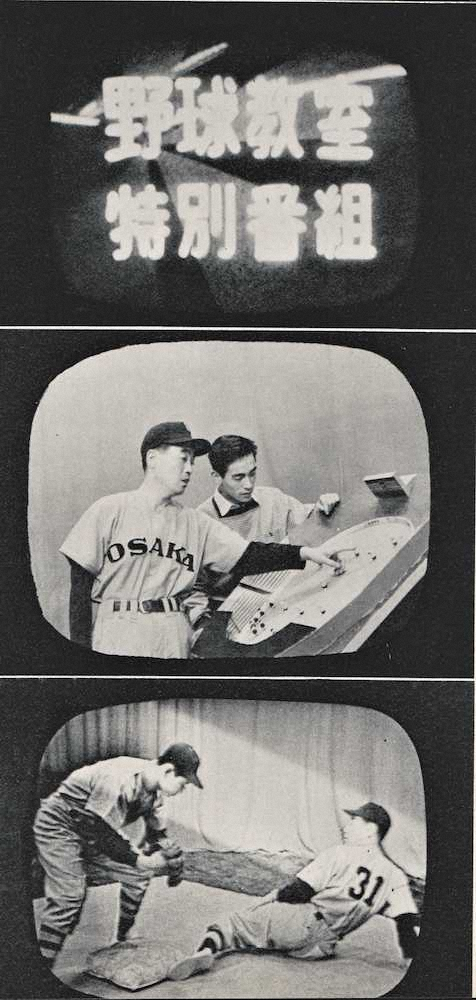 OTVのテレビ番組『野球教室』の撮影風景。守備フォーメーションの説明やスライディングを実演するのは河西俊雄2軍監督＝『タイガース30年史』（阪神タイガース・1964年3月発行）より＝