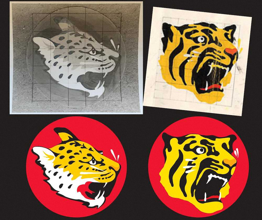 見つかったジャガーマークの原画（左上）と復元したマーク。右は阪神球団に残るトラマークの原画（上）とトラマーク