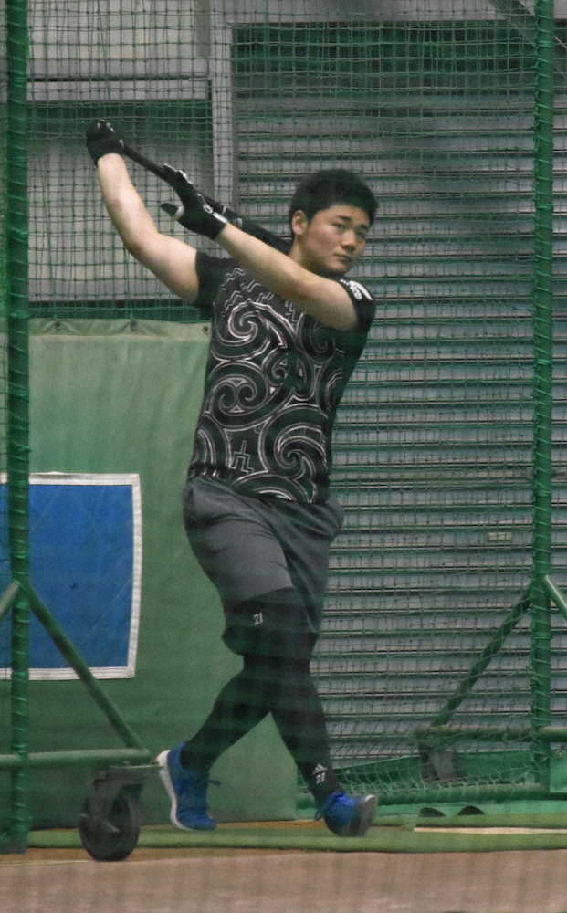 千葉県鎌ケ谷市内の室内練習場で打撃練習を行う日本ハム・清宮