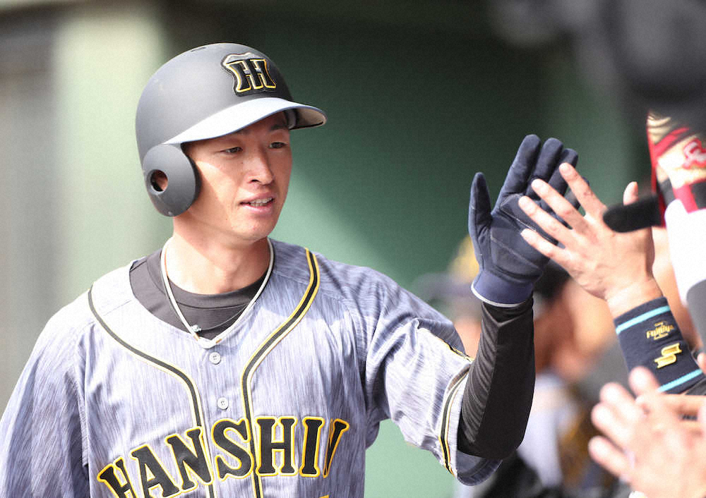 【画像・写真】中日との練習試合の5回、植田の左犠飛で静生還し、ナインとタッチをかわす近本（撮影・坂田　高浩）　