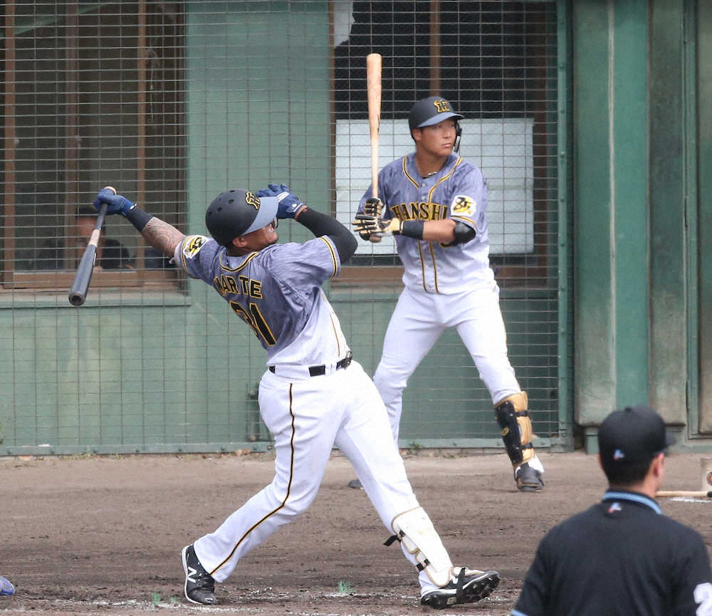 【画像・写真】＜中・神＞3回1死一塁、ポジションを争う大山（右）の目の前で2点本塁打を放つマルテ（撮影・北條　貴史）